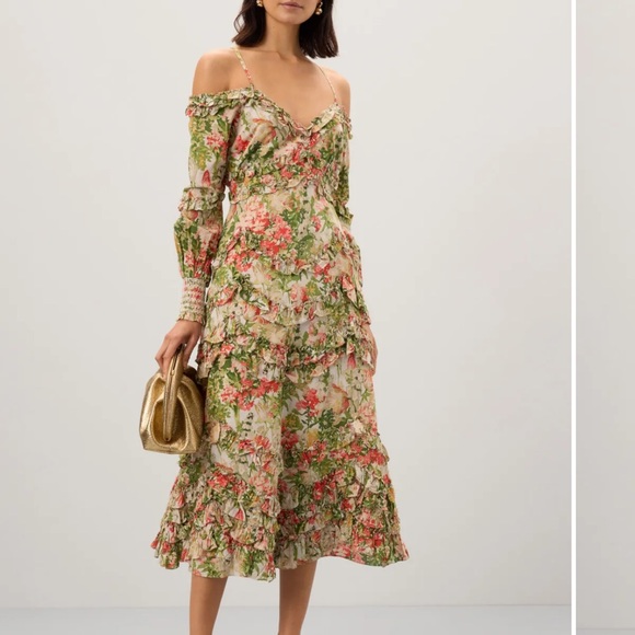 Mac Duggal Floral Print Ruffle Cold Shoulder Long Sleeve Midi
Dress - Picture 1 of 8
